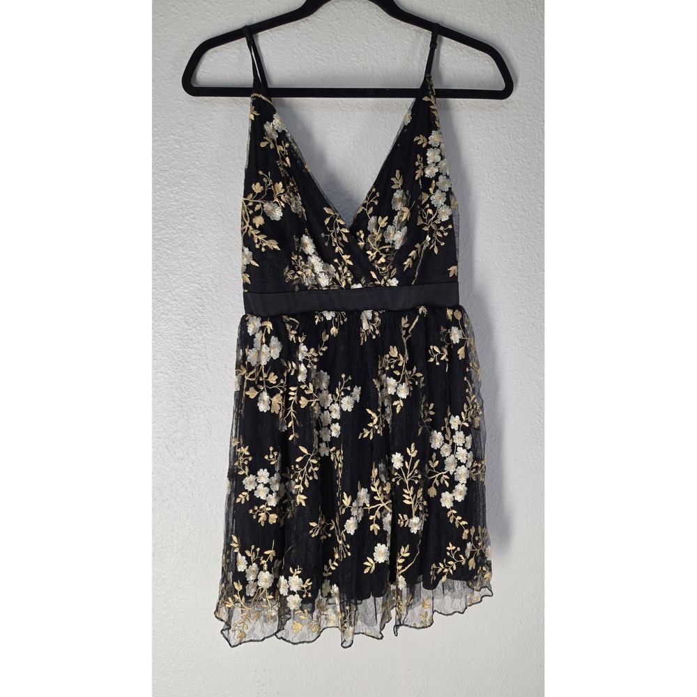 Express Mini Babydoll Dress Size 2 Formal V-Neck Black Gold Floral Embroidery